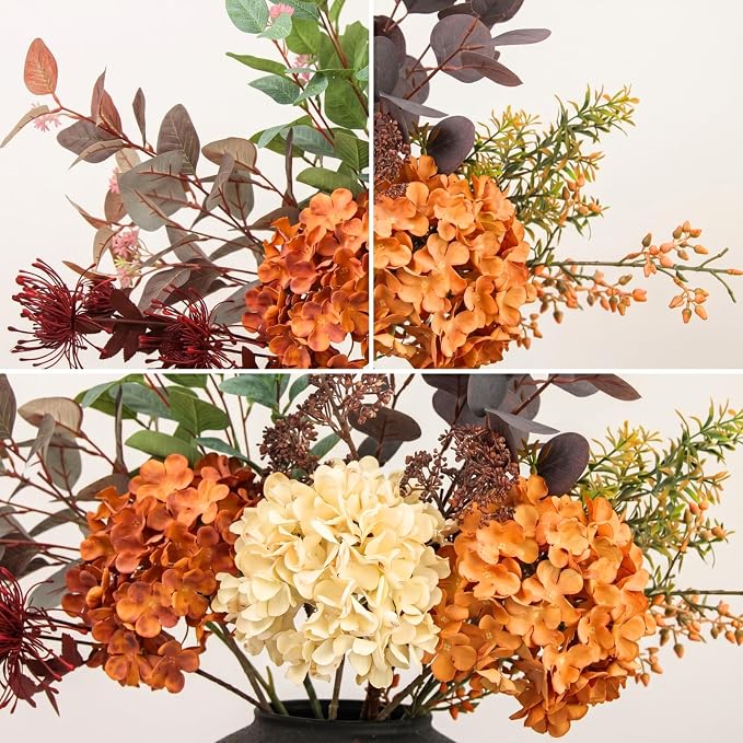 Faux Arrangement - Burnt Orange Hydrangea & Eucalyptus Stems, Fall Centerpieces for Tables, Large Floral Arrangement, Real Touch Artificial Fall Flowers for Thanksgiving & Autumn Dining Table