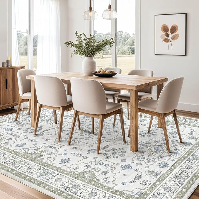 Area Rug 5x7 for Living Room - Washable Oriental Vintage Floral Distressed Large Indoor Carpets with Non Slip Back for Bedroom Dining Room Nursery Office Home Decor -Light Green