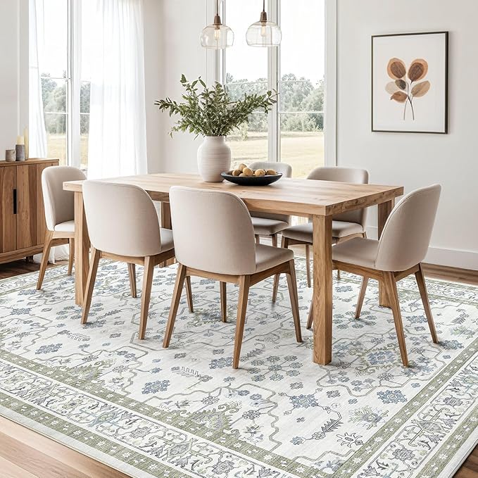 Area Rug 6x9 for Living Room - Washable Oriental Vintage Floral Distressed Large Indoor Carpets with Non Slip Back for Bedroom Dining Room Nursery Office Home Decor -Light Green