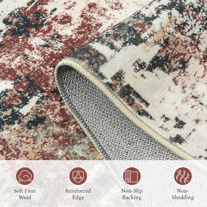 Rugflix 5x7 Area Rugs for Living Room, Washable Large Rug Stain-Resistant Low Pile, Modern Carpet for Dining Room Home Office Kid Room Nursery Bedroom, Rust Brown Green