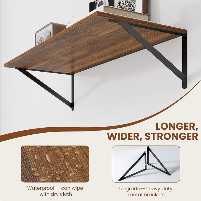 Heimlove 12 Inch Deep Floating Shelves for Wall, 28W x 12D Wood Wall Shelves Set of 2, Walnut Wide Floating Bookshelf for Living Room, Kitchen, Office, Bedroom, with Black Metal Bracke - Walnut