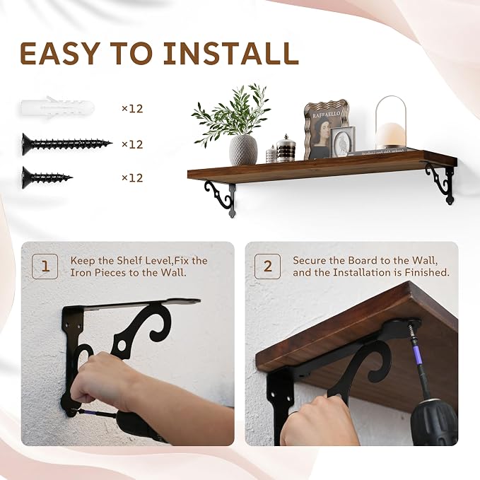 36 Inch 2 Tier Solid Wood Floating Shelves for Wall with Metal Brackets | 36 inch solid pine shelves, 2 tier, walnut finish, metal brackets for books, decor and home storage