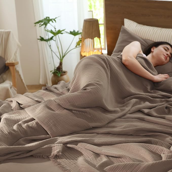 MooMee Muslin Blanket - 100% Cotton 4-Layer Gauze Throw Blanket with All-Around Fringe, Soft Breathable Lightweight Cooling Summer Blankets for Bed Couch(Brown, Queen 90" x 90")