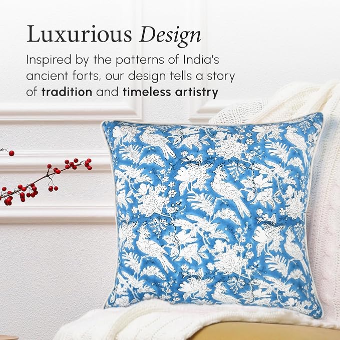CPC 100% Cotton Throw Pillow Covers 24x24 Inch, Set of 2 Blue Block Print Pattern Couch Pillow, Cute Boho Decorative Pillows for Living Room, Bedroom with Hidden Zipper- Blue Sapphire
