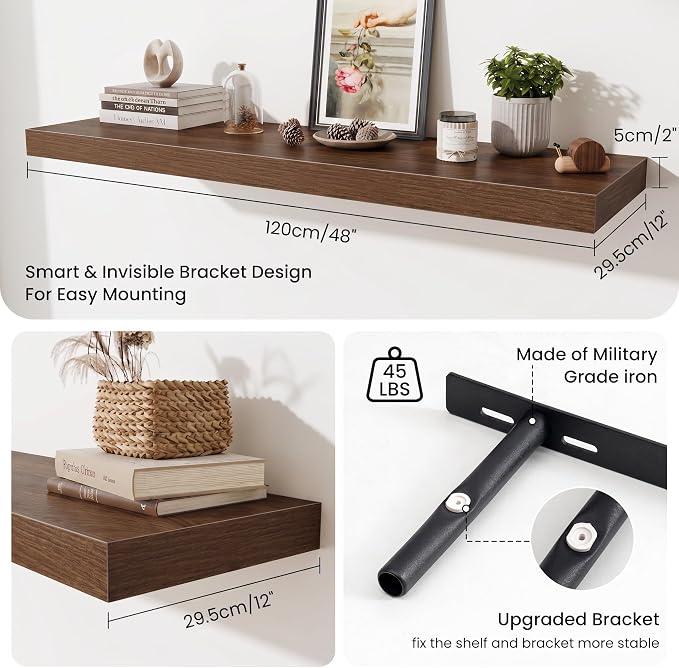 Fun Memories 48 Inch Floating Shelves for Wall - 12 Inch Deep Fireplace Mantel Shelf - Wood Floating Shelf for Wall - Large Storage Shelves Wall Mount for Living Room & Bedroom - Walnut - Set of 1