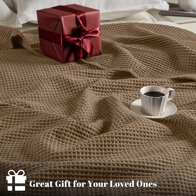 PHF Pre-Washed Cotton Waffle Weave Blanket Queen Size for Bed,Snag Proof Throw Blanket for Couch Spring Summer Lightweight Breathable,Oeko-TEX Certified, Machine Washable,Home Decor Gift -Walnut Brown