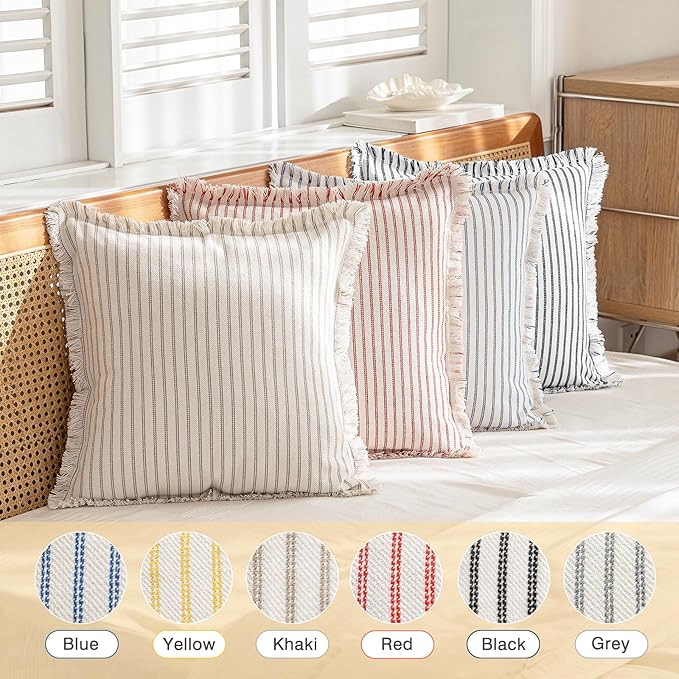 YEENAASY Throw Pillow Covers 16x16 Set of 2 Striped Fringe Pillow Cover Farmhouse Cushion Covers with Tassel Neutral Boho Pillows Decorative Square Pillowcase for Couch Sofa Bed, Blue