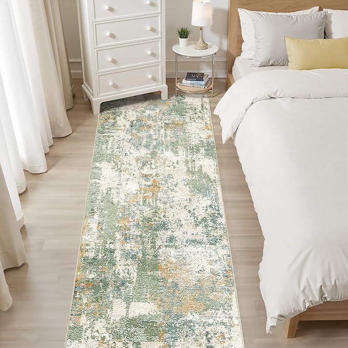 Runner Rug Kitchen Washable Rugs: 3x8 Non-Slip Abstract Soft Modern Stain Resistant Indoor Floor Neutral Accent Throw Carpet for Hallway Bathroom Laundry Room Entryway Bedroom- Green