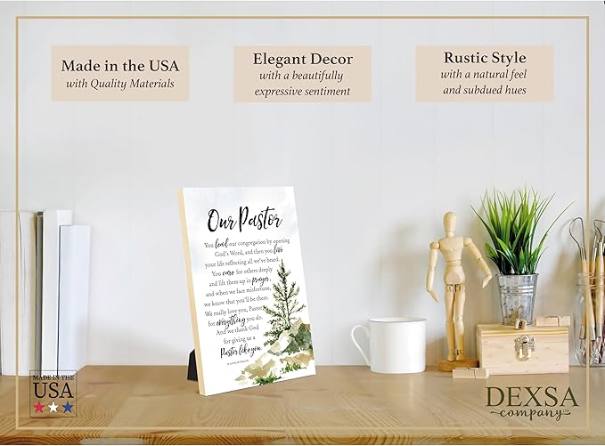 DEXSA Our Pastor Wood Plaque with Inspiring Quotes 6"x9" - Elegant Vertical Frame Wall & Tabletop Decoration | Easel & Hanging Hook | Christian Family Religious Home Decor Saying | Made in the USA