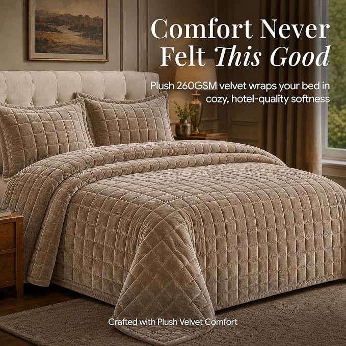Tribeca Living Luxury Velvet Quilt Twin Size Set - 260GSM Ultra-Soft Oversized Velvet Bedspread Comforter Set with 1 Sham, in Florence Taupe