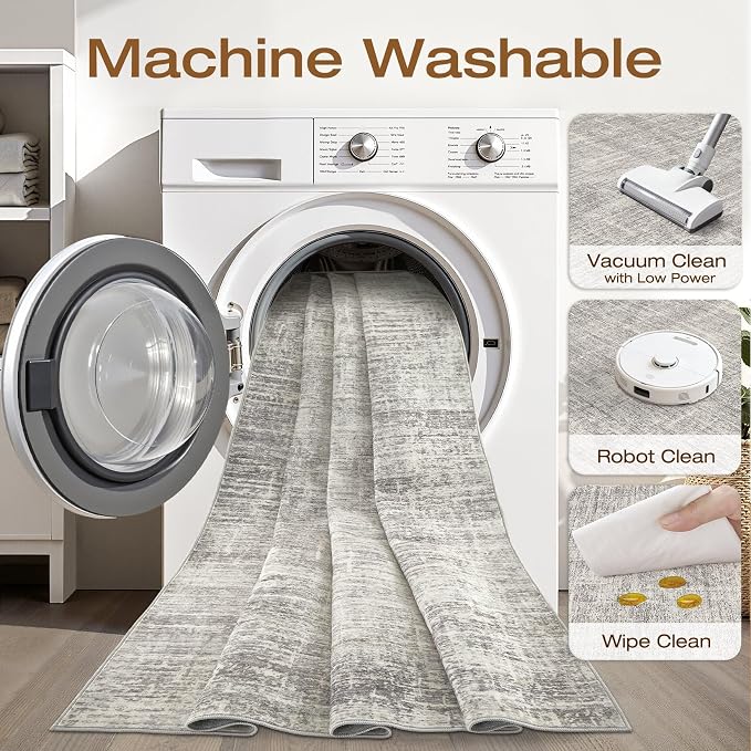 Runner Rug Non-Slip Kitchen Rug: 2x6 Washable Abstract Modern Soft Stain Resistant Indoor Floor Neutral Accent Throw Carpet for Hallway Bathroom Laundry Room Bedroom Entryway- Brown Gray