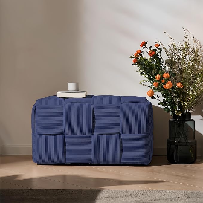 Cmishe 28" Rectangular Woven Corduroy Ottoman Footrest - Large Modern Entryway Bench & Bed End Stool, Sturdy Wood Frame, No Assembly (Blue-L)
