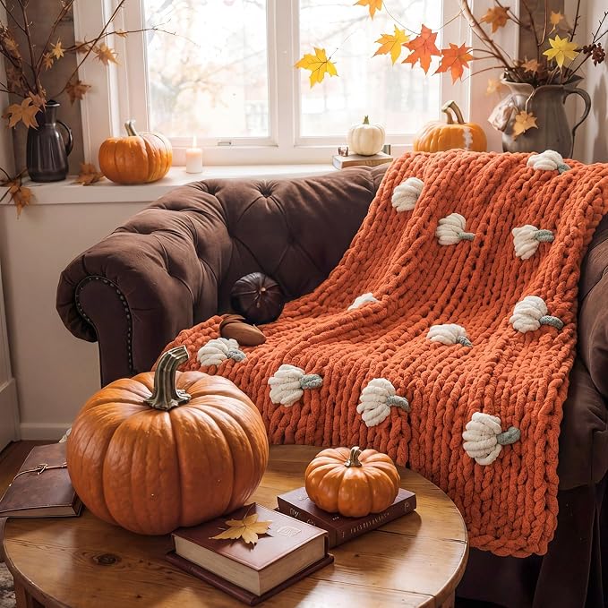 Mindsoft Chunky Knit Throw Blanket Large 50" X 60" Handmade Cream Chenille Loop Yarn Fluffy Soft Knitted Throw Big Cozy Thick Cable Knit Crochet Blanket for Couch Sofa Bed (Burnt Orange,Pumpkin)
