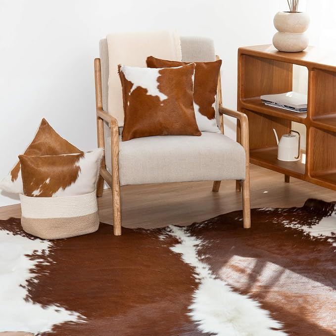 ecowhides 100% Genuine Brazilian Cowhide Pillow Cover – Brown and White – Single-Sided – Luxury Leather Decorative Cushion for Rustic & Western Home Décor – 20” x 20”