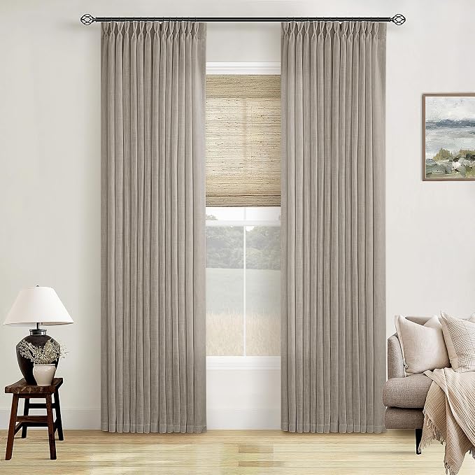 TWODRAPES Burlywood Birch Pinch Pleated Linen Curtains 2 Panels for Living Room Bedroom Memory Training Shaped Semi Sheer Pleat Drapes with Hooks Rings Light Filtering Window Curtain 40x92