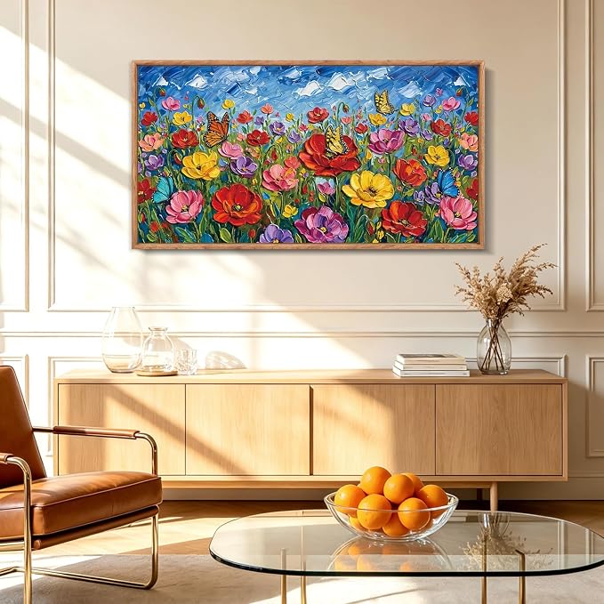 CHDITB 3D Floral Impasto Textured Poppy Framed Canvas Wall Art Set, Butterfly Wildflower Country Vibrant Spring Wall Decor, Bright Botanical Flower Art Prints for Bedroom Farmhouse Living Room 40"x20"