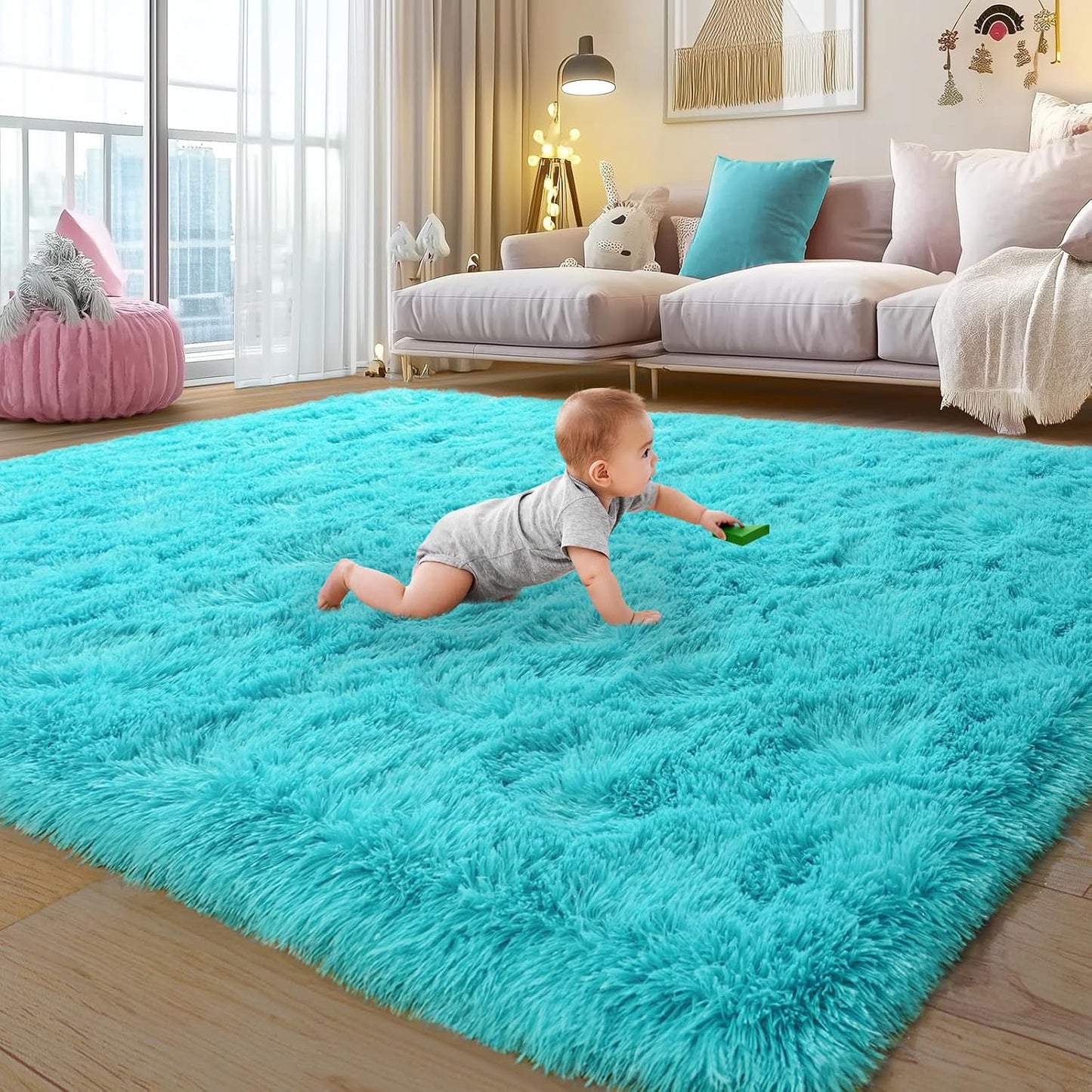 Rezutan Modern Shaggy Area Rug - Super Soft Fluffy Living Room Bedroom Rug for Kids Nursery, Classroom, Bedside Decor W/Non-Slip Bottom Teal Blue, 4x6 Feet