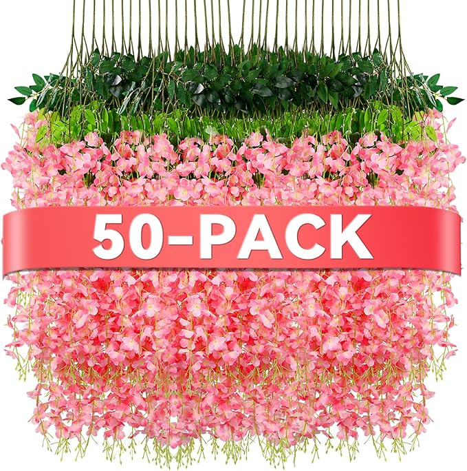 Alotiki Wisteria Hanging Flowers,Fake Hanging Flowers,Wisteria artificiales Garland for Home Wedding Arch Floral Party Garden Ceremony Outdoor Decor,3.6 feet Long(50,Pink)