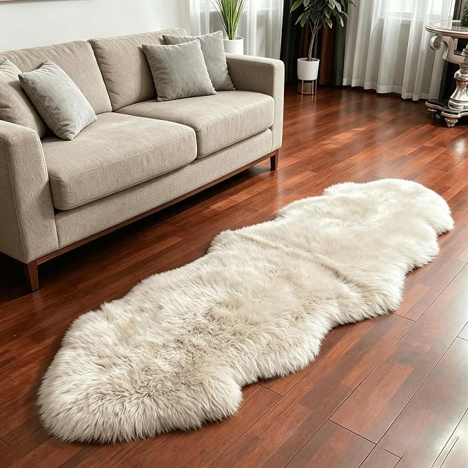 Fluffy Patchwork Sheepskin Rug with Little Patches, Fuzzy Shaggy Fur Genuine Wool Area Carpet for Bedroom Living Room Floor, Pray Pup Mat, Chair Sofa Seat Cover, Cream Brown, 2' x 6'