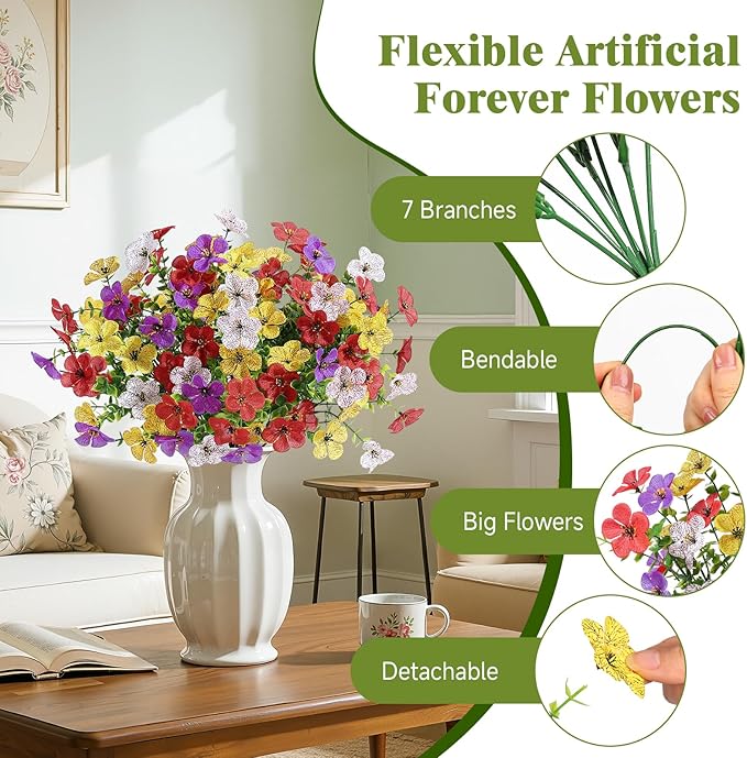 Alupssuc 20 Bundles Artificial Flowers for Outdoor Indoor Decoration, UV Resistant No Fade Fake Plants Eucalyptus, Colorful Faux Spring Flowers for Outside Yard Porch Patio Garden Home Window Box