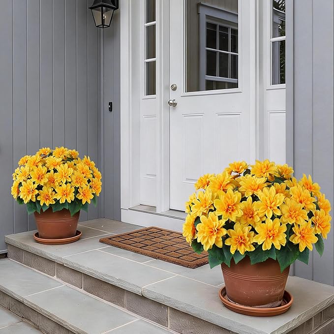 VIERENA 8 Bundles Artificial Dahlia Flowers for Outdoors Spring Summer Decor, No Fade Silk Flower Faux Dahlias Plant Arrangement for Home Garden Balcony Farmhouse（Yellow）