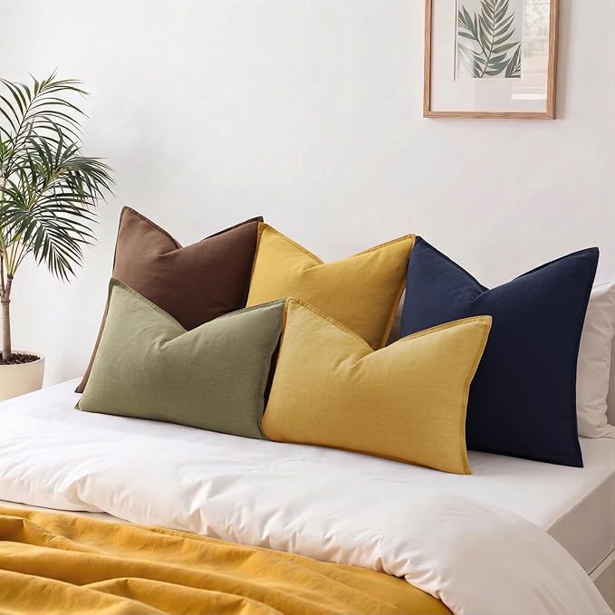 decorUhome Summer Decorative Linen Throw Pillow Covers 12x20 Inch Set of 2 Mustard Yellow Lumbar Pillow Covers with Flange Edges Soft Farmhouse Boho Accent Pillow Cases for Couch Bed Living Room