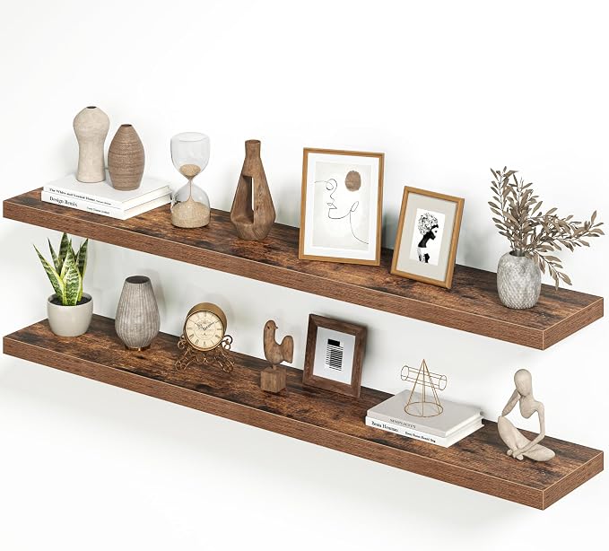 Heimlove 55 Inch Long Floating Shelves for Wall,9.3" Deep Rustic Brown Floating Shelf Set of 2,Large Display Shelf & Storage Shelf,Wall Mounted Shelves for Bedroom Living Room Kitchen Office