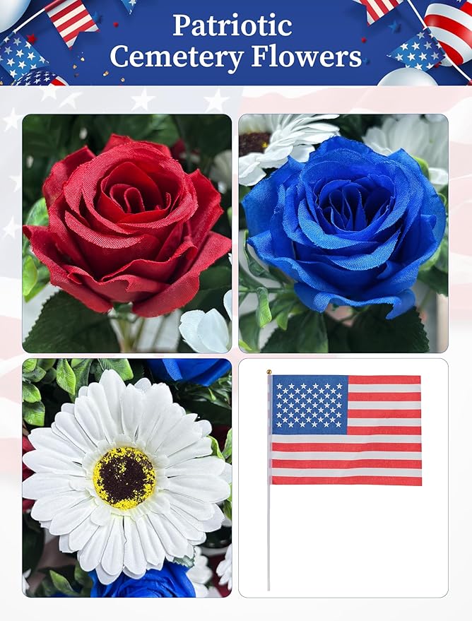 Memorial Day Flowers for Cemetery: 2 Pcs Outdoor Grave 250th Anniversary USA Decorations - Artificial Patriotic Cemetery Flowers for Grave - Red White Blue Roses with American Flags Vase
