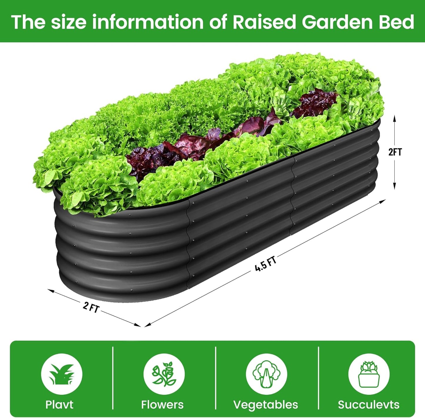 2 Pcs 4.5x2x2ft Oval Raised Garden Bed, Galvanized Raised Beds,Open-Ended Base Metal Raised Planter Beds,Garden Bed Outdoor,Planter Raised Boxes for Vegetables, Flowers,Tool-Free Asse,Gray