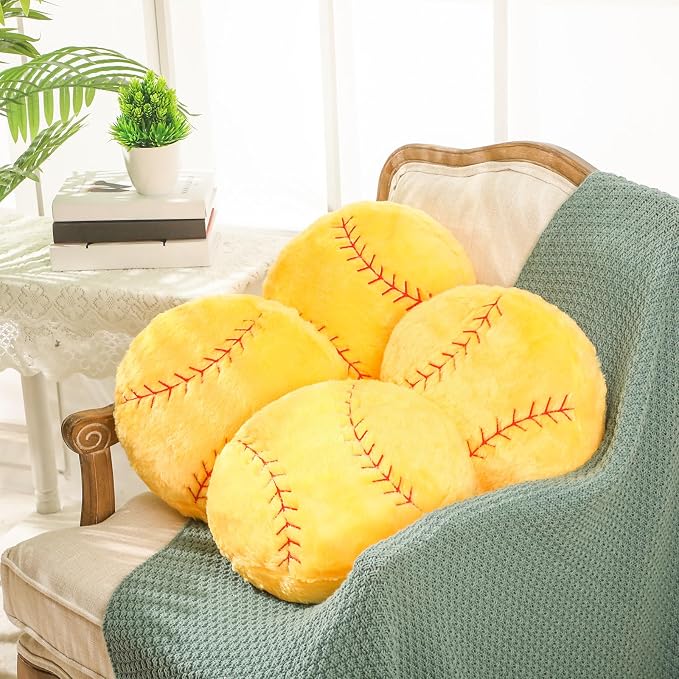 Gerrii 4 Pcs Sports Throw Pillows Basketball Softball Football Soccer Volleyball Tennis Pillow Fluffy Stuffed Plush Cushion Gift for Senior Night Home Bedroom Decor Birthday Present (Softball)