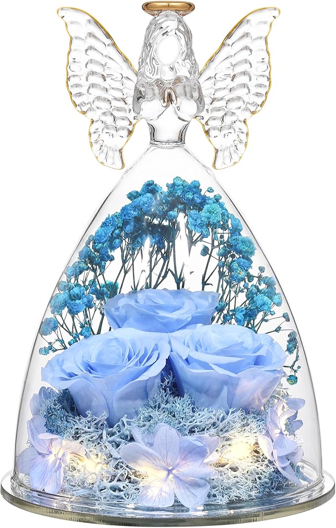 Mothers Day Rose Gifts for Women Preserved Real Flower in Glass Angel Figurines Roses for Delivery Prime Birthday Gifts for Mom Grandma Girlfriend Wife Her, Sky Blue