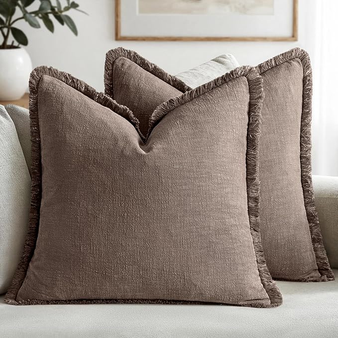 MIULEE Decorative Throw Pillow Covers Neutral Linen Fringe Throw Pillows Euro Shams Set of 2 Malt Ball Boho Farmhouse Cushion Covers for Couch Sofa Bed Living Room Fall Home Decor 26x26 Inch