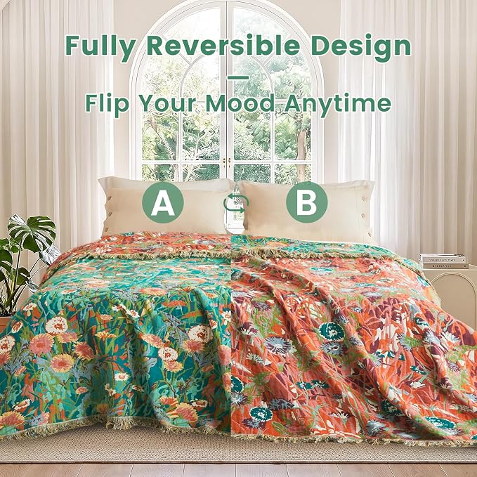 MSGKV Boho Throw Blanket 60"x80" Floral Blankets for Bed 100% Cotton Twin Size Couch Blanket Lightweight Farmhouse Muslin Summer Breathable Home Decor All Seasons