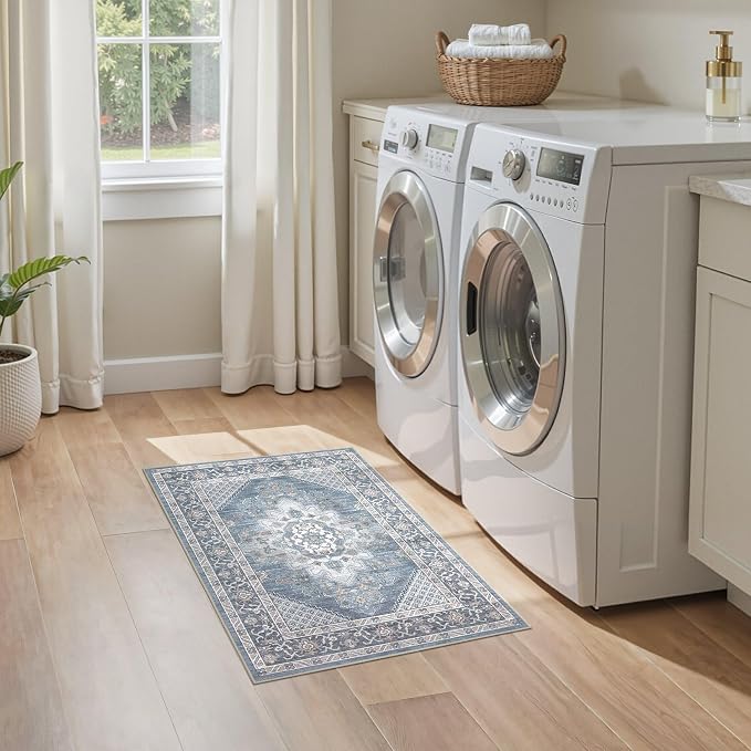 Tortania Area Rug 2x3 Doormat - Washable Vintage Oriental Farmhouse Soft Thin Indoor Carpet for Living Room Bedroom Hallway Entryway Kitchen - Blue