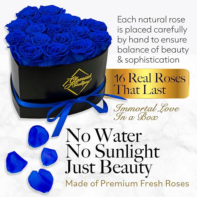 GLAMOUR BOUTIQUE 16 Flower Forever Heart Shape Box, Eternal Preserved Roses Gift for Her, Lasting Flowers, Romantic Floral Keepsake for Birthday, Anniversary or Valentine’s Day, Blue (Color-Treated)