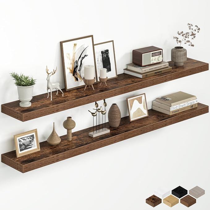 Fun Memories 55 Inch Floating Shelves for Wall, 8 Inch Deep Rustic Wood Wall Mounted Shelves with Invisible Brackets for Bathroom, Bedroom, Kitchen & Living Room Storage Decor, Rustic Brown, 2 Pack