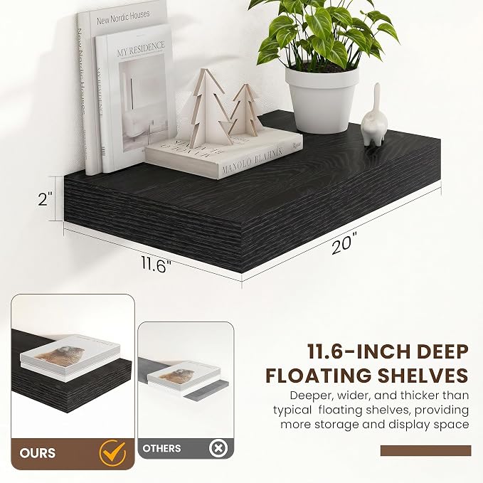 FLYJOE 20 Inch Floating Shelves, 12 Inch Deep Floating Shelves Set of 2, 20''W x 12''D Black Wood Shelves for Wall, Bathroom Available, Engineered Wood, Mounting Hardware Included