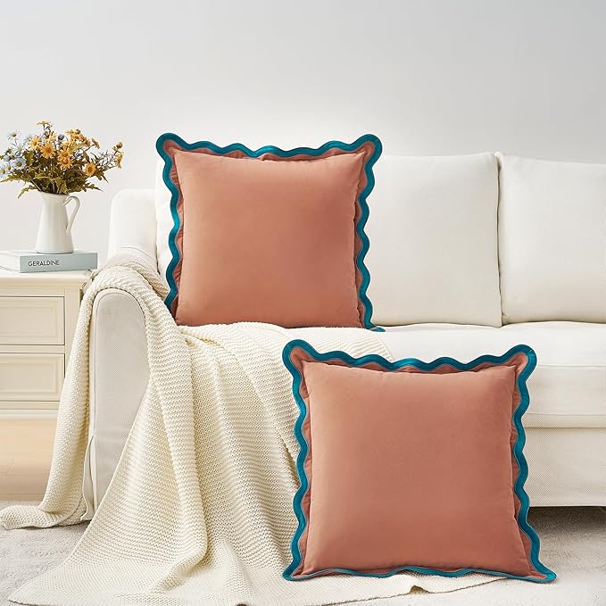 MONDAY MOOSE Decorative Throw Pillow Covers Cushion Cases, Set of 2 Soft Velvet Scalloped Wavy Edge Designs, Mix and Match for Home Decor, Pillow Inserts Not Included (18x18 inch, Teal/Pink)