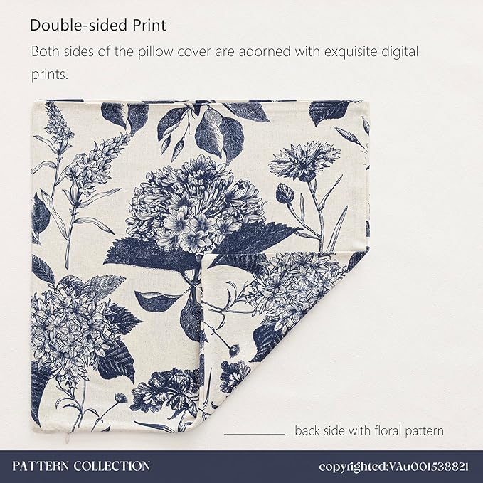 Foindtower Set of 2 Linen Floral Vintage Throw Pillow Covers Neutral Accent Print Decorative Cozy Cushion Covers Farmhouse Boho Home Decor for Sofa Chair Couch Bed Living Room,22×22 Inch,Navy Blue