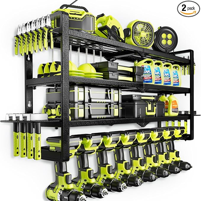 Hipidian Power Tool Organizer Wall Mount - Storage Rack with 4 Drill Holders for Drills Cordless Tools. Heavy Duty Iron Garage Tool Organizer Storage for Workshop Shed (8 Slots 4 Layers 4)