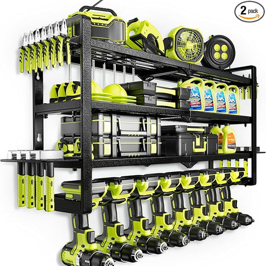 Hipidian Power Tool Organizer Wall Mount - Storage Rack with 4 Drill Holders for Drills Cordless Tools. Heavy Duty Iron Garage Tool Organizer Storage for Workshop Shed (8 Slots 4 Layers 4)