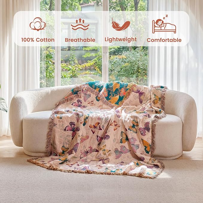 MSGKV Boho Throw Blanket for Couch Cotton Butterfly Blanket 50"x60" Sofa Chair Blankets All Seasons Muslin Summer Breathable Lightweight Farmhouse Blankets Home Decor