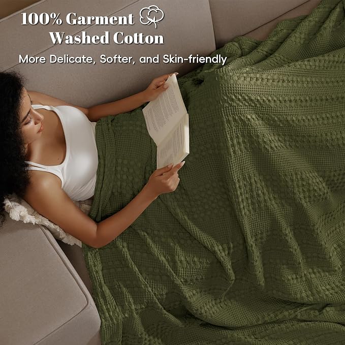 PHF 100% Cotton Waffle Blanket Twin Size for College Dorm, Lightweight Breathable and Soft for Summer, Luxury Aesthetic Waffle Weave Blanket for Bed & Gifts for Women, 66"x90", Capulet Olive