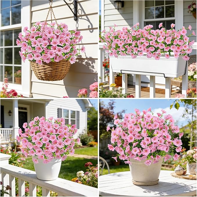 Ouddy Decor 24 Bundles Artificial Flowers for Outdoors, Fake Petunias Flowers Silk Morning Glory with Eucalyptus Faux Plants for Indoor Outside Spring Summer Yard Garden Porch Home Decor, Pink