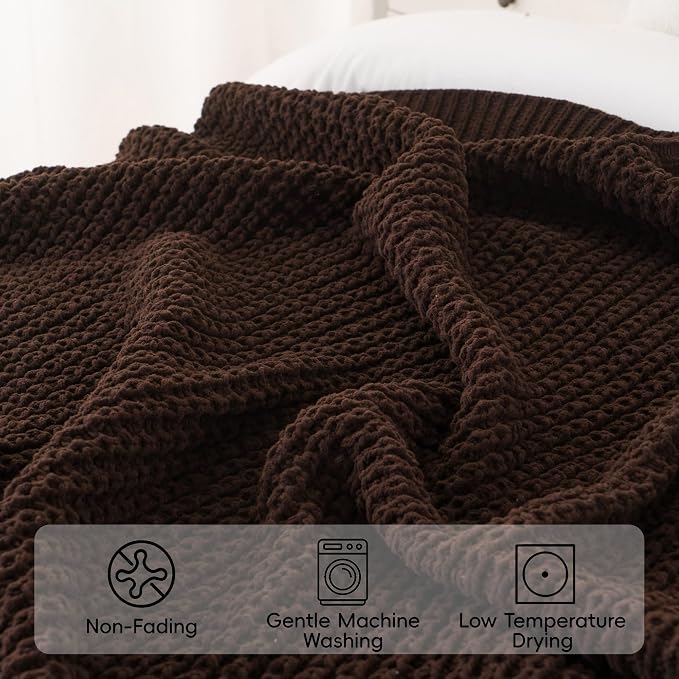 Bunnikins & Clover Dark Brown Throw Blanket for Couch, 50"x60" Soft Chenille Knit Throw Blanket for Home Decor, Decorative Chocolate Brown Blanket for Bed, Living Room