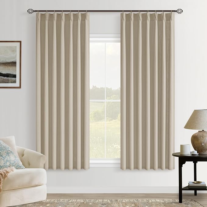 Khaki Tan Linen Kitchen Curtains 63 Inches Long 2 Sets Light Filtering Bedroom Curtains for Small Window Light Brown Pinch Pleated Linen Short Semi Sheer Back Tab for Bay Windows Living Room Dining