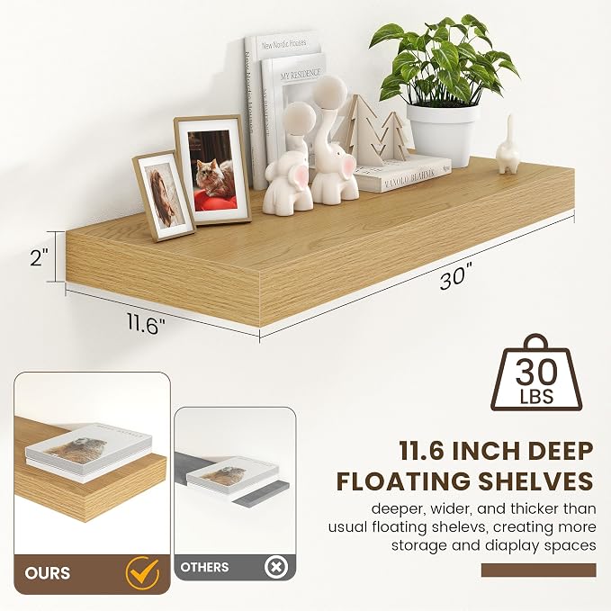 FLYJOE 30 Inch Floating Shelves | 12 Inch Deep Oak Floating Shelves | 30" W x 12" D Rustic Wood Shelves for Wall | Deep Oak Shelves for Living Room Bathroom Laundry Room Kitchen