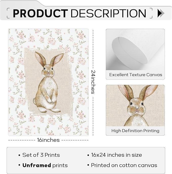 Vintage Nursery Wall Art Goose Canvas Poster Coquette Wall Decor Baby Girl Painting Kids Poster Bunny Rabbit Prints Cute Animal Pictures Duck Artwork for Bedroom Living Room 16x24x3 Inch Unframed