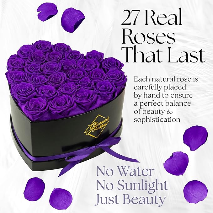 GLAMOUR BOUTIQUE 27 Flower Forever Heart Shape Box, Eternal Preserved Roses Gift for Her, Lasting Flowers, Premium Floral Heart Box for Birthday, Anniversary or Valentine’s Day, Purple (Color-Treated)