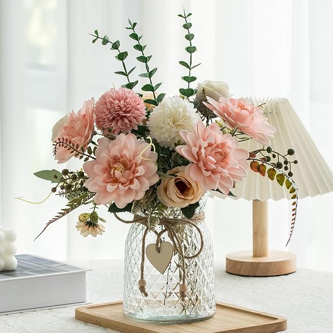 2 Pack Set Fake Flowers with Vase,Faux Flowers in Vase for Home Decor,Silk Pink Dahlia Artificial Flowers with Vase for Coffee Table Decor,Living Room Bathroom Plant Décor
